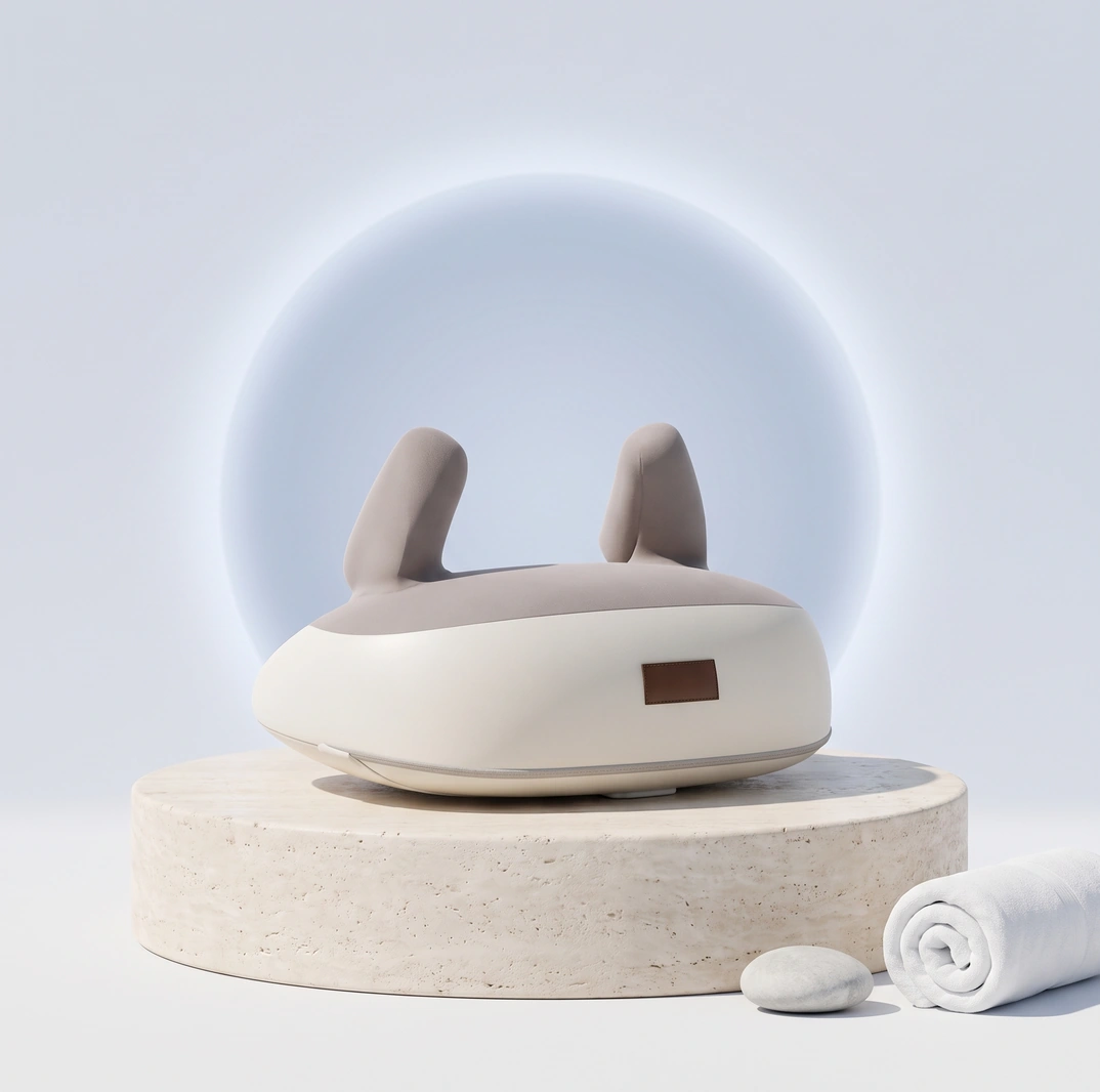 Le masseur Nuquéo sur un socle en pierre, halo de lumière