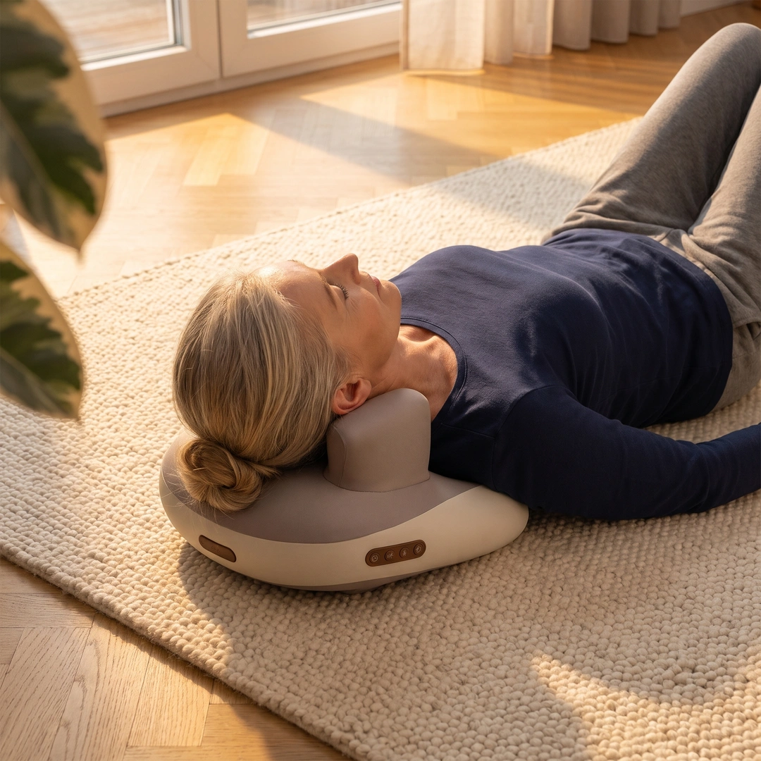 Allongée au sol, la nuque sur le masseur, les yeux fermés
